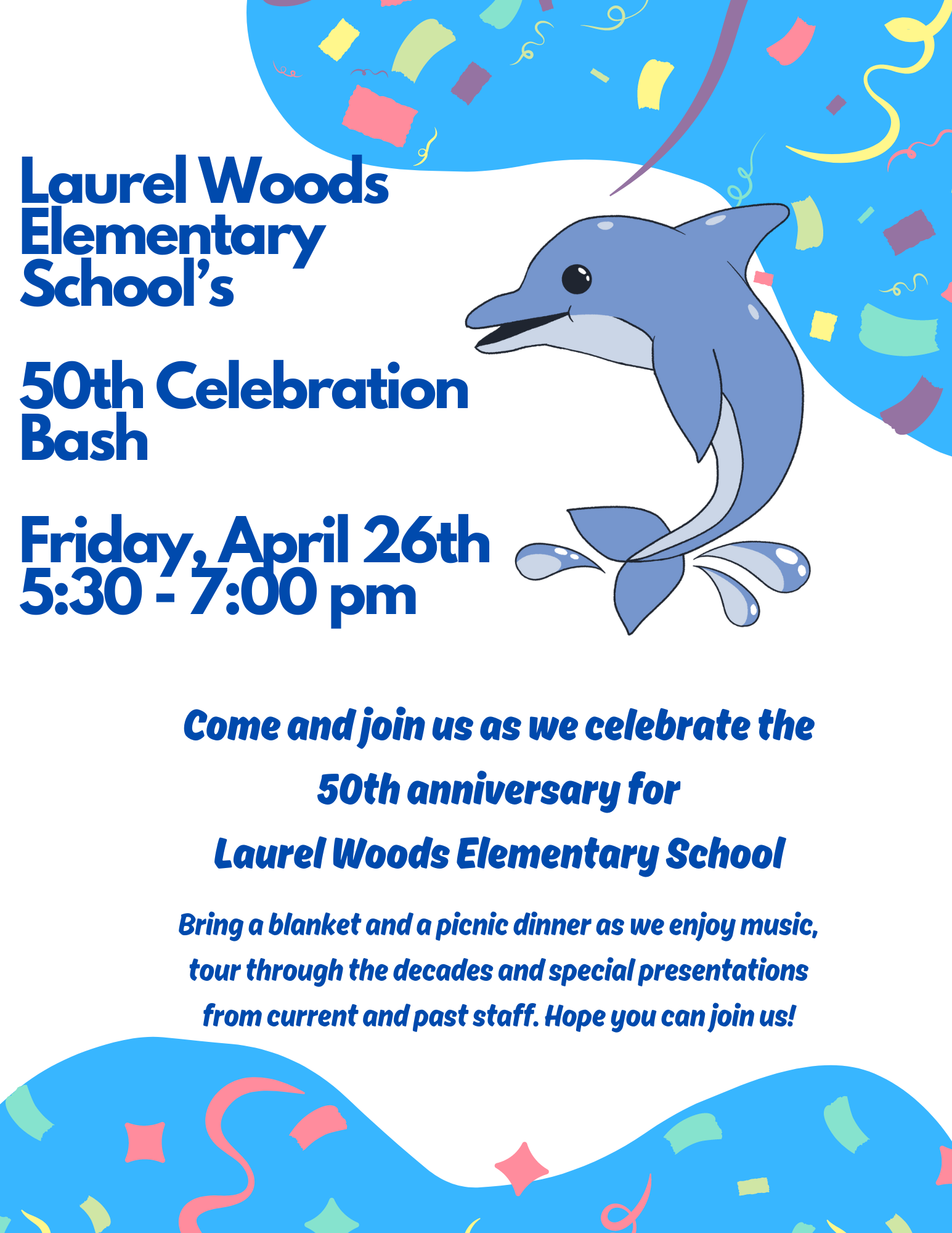 flyer for Laurel Woods Elementary 50th Celebration