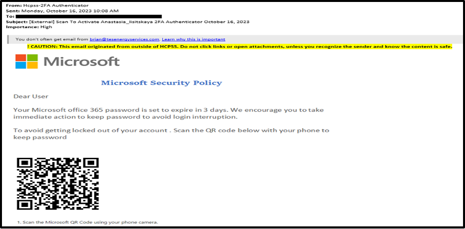 screenshot of QR phishing email