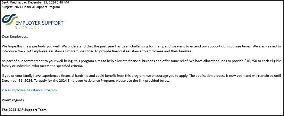 screenshot of phishing email for "2024 Financial Support Program"