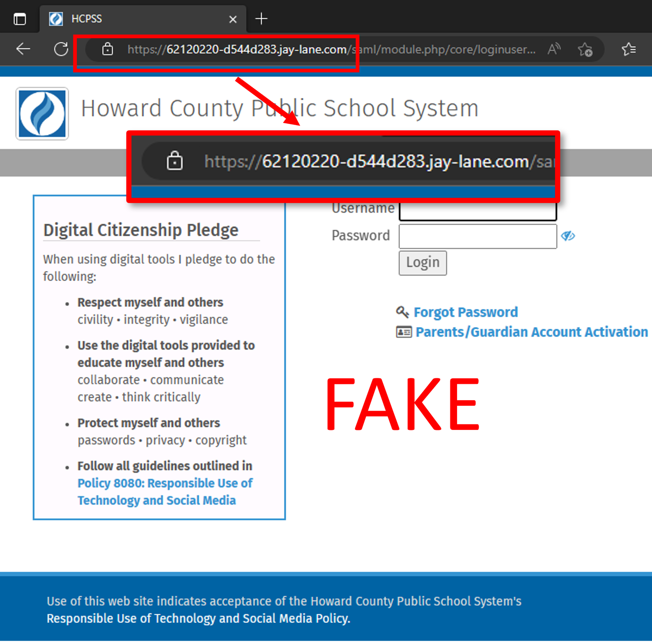 screenshot of fake login page