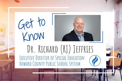 background photo of a generic classroom. over that photo is a white box with text stating, Get to Know Dr. Richard (RJ) Jeffries. Also in the box is a headshot photo of Dr. Jeffries